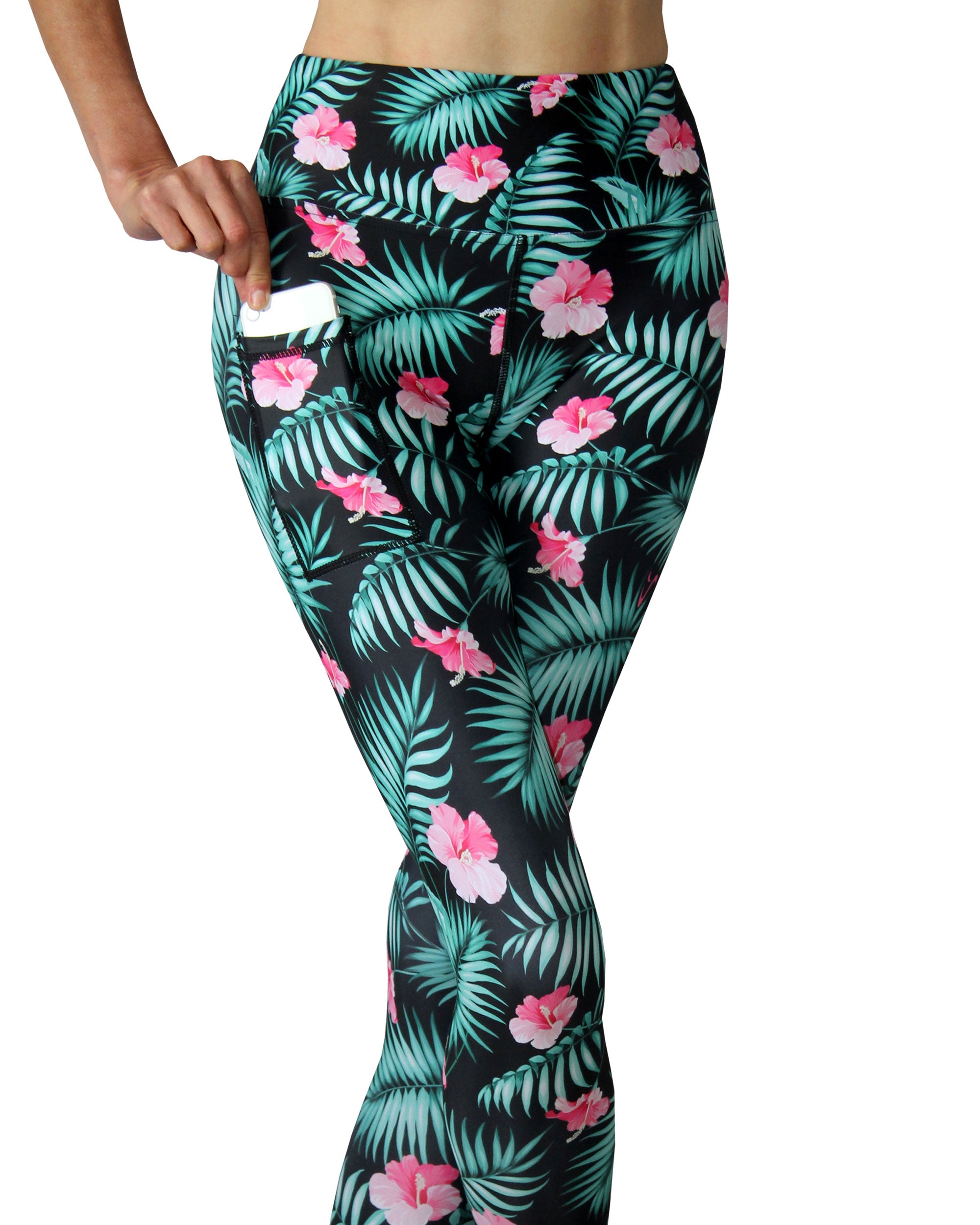 Vivolicious Floral Leggings with high waist and cellphone pocket.  Perfect as a gym outfit, or yoga class, as well as running.