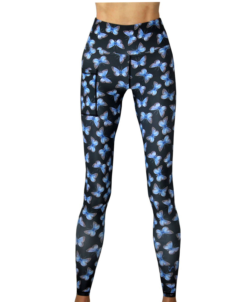 Black leggings with blue butterflies.  Unique sportswear with beautiful and funky designs.