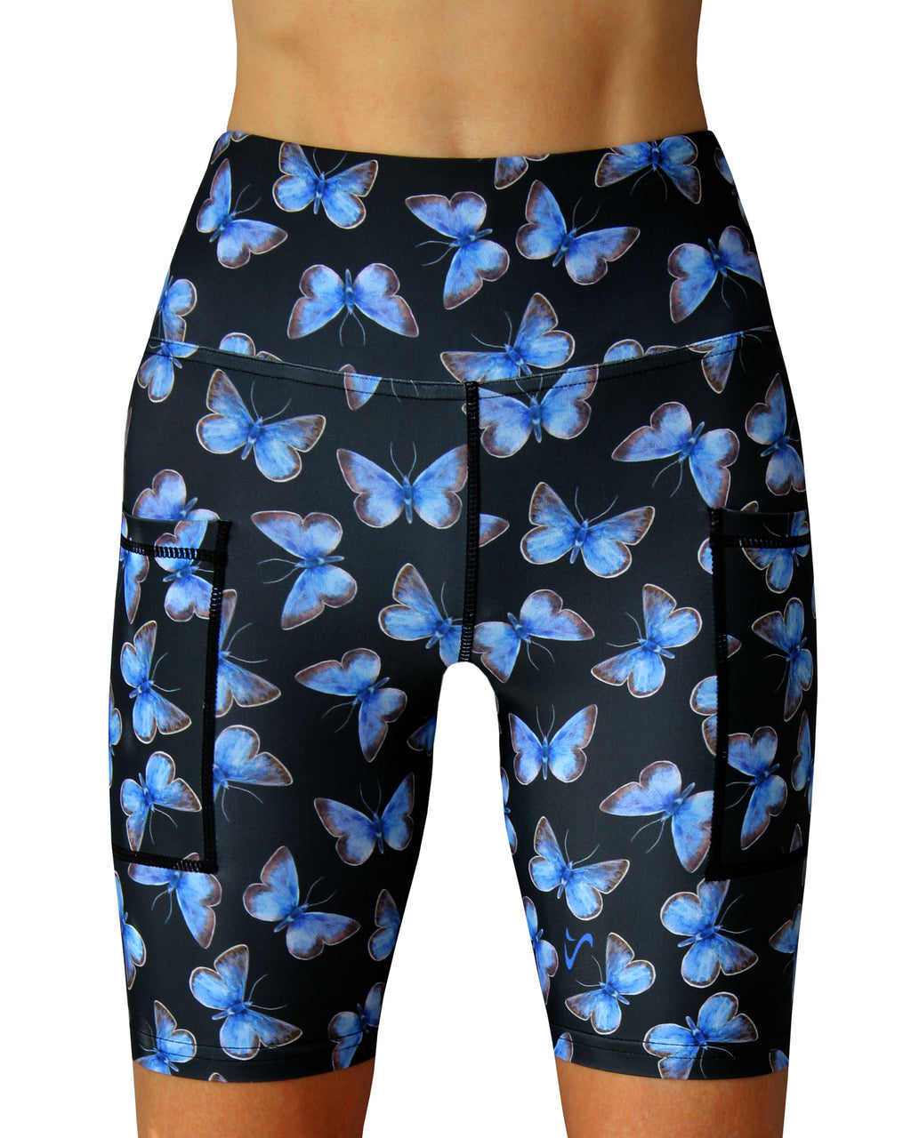 Funky pants with blue butterflies. The perfect shorts for running and gym. Made in Cape Town.