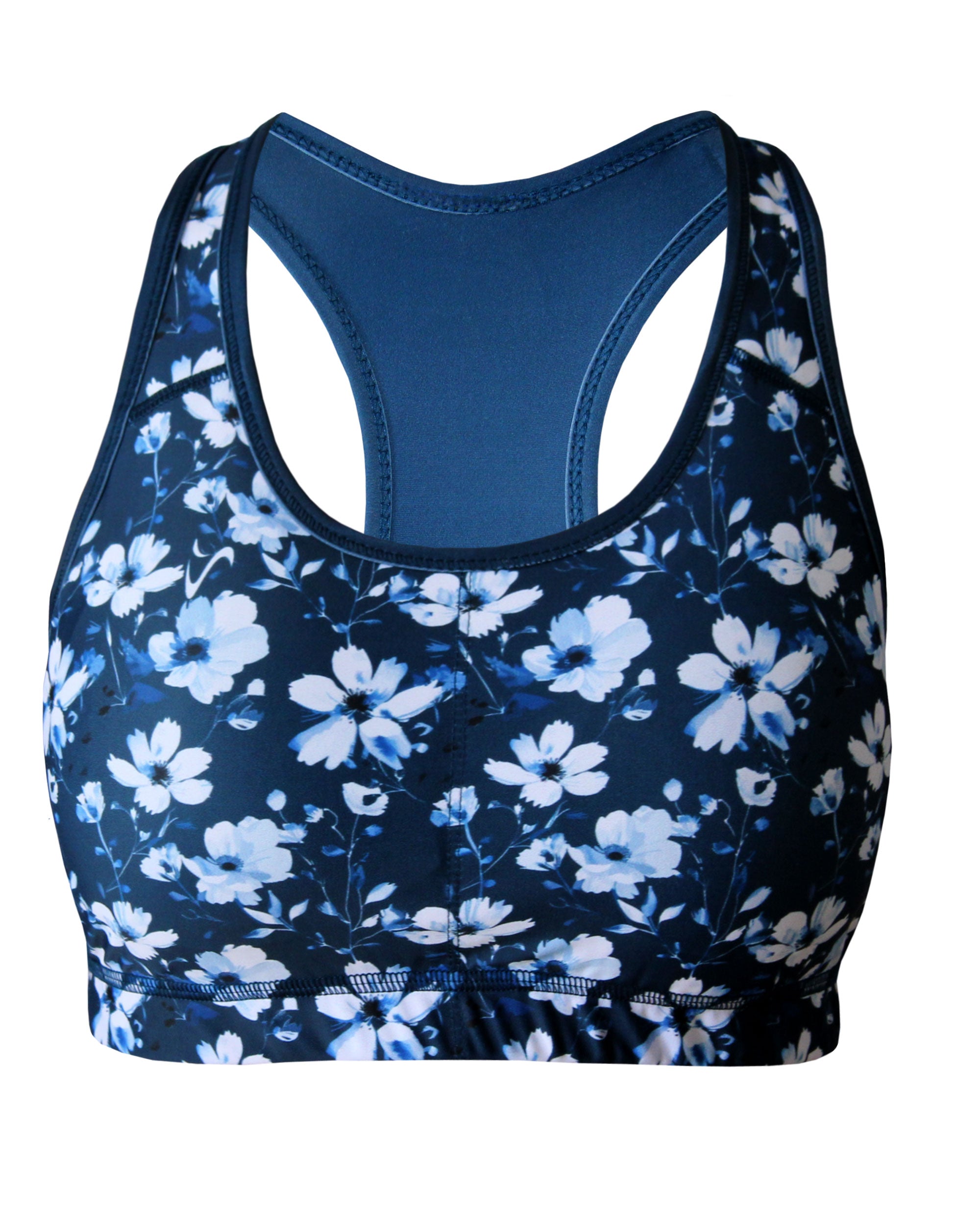 Women's navy blue funky floral shorts and high intensity sportsbra for running marathons, playing padel, doing hyrox and gym workouts. Made in Cape Town, South Africa.