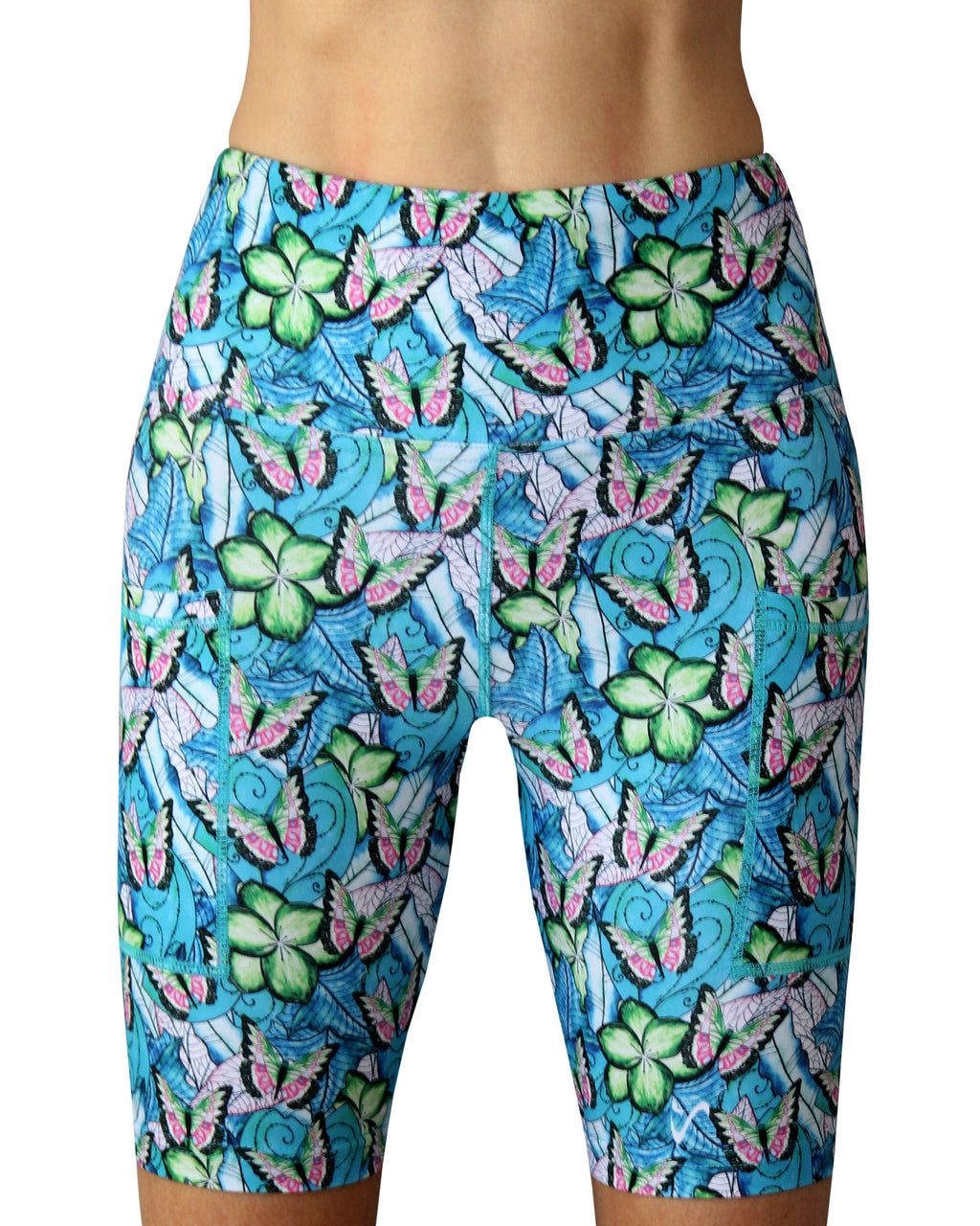 Women's funky colourful butterfly shorts. This gym outfit is perfect for running and playing padel. Made in Cape Town, South Africa.