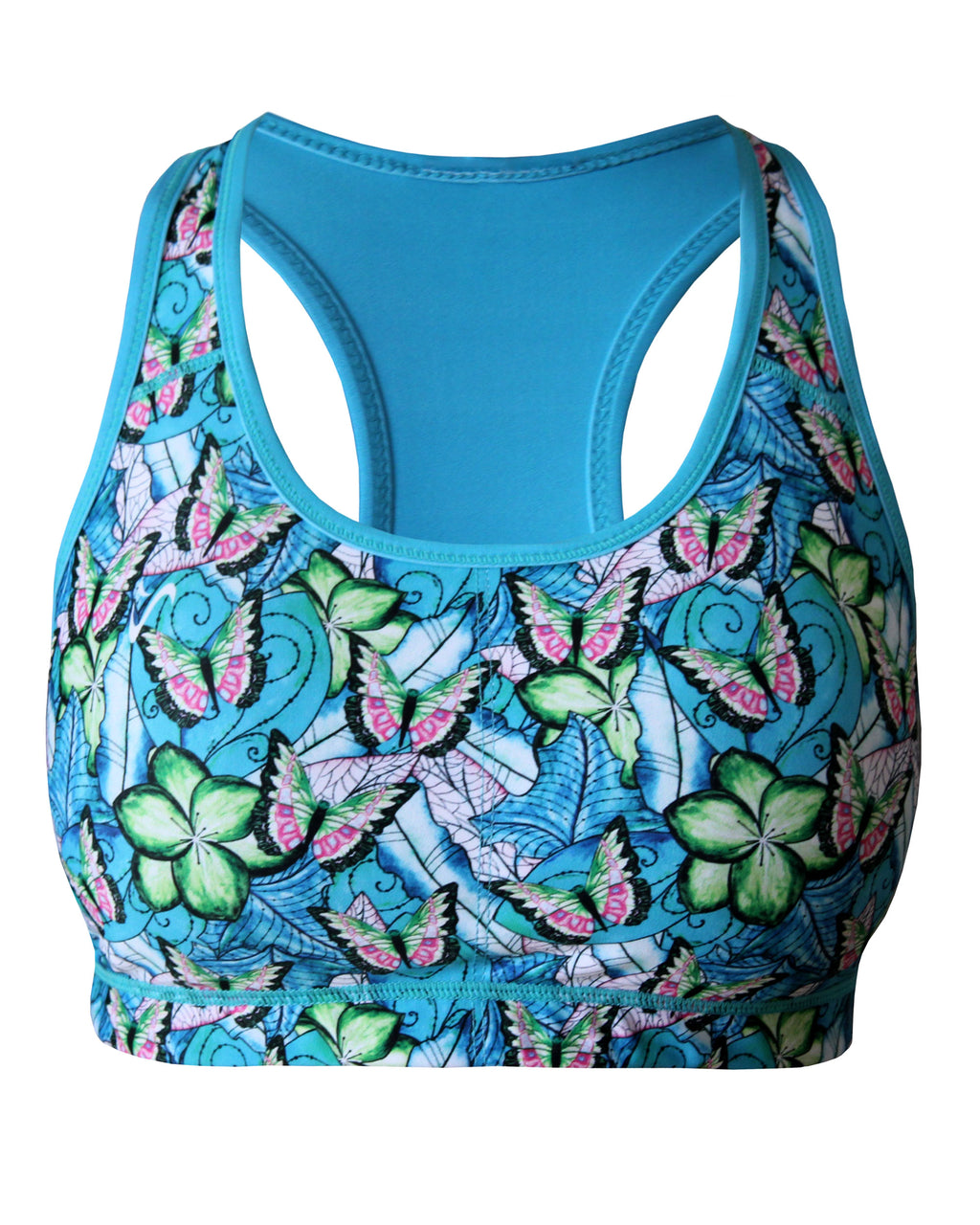 Women's funky colourful butterfly high itensity sportsbra. This gym outfit is perfect for running and playing padel. Made in Cape Town, South Africa.