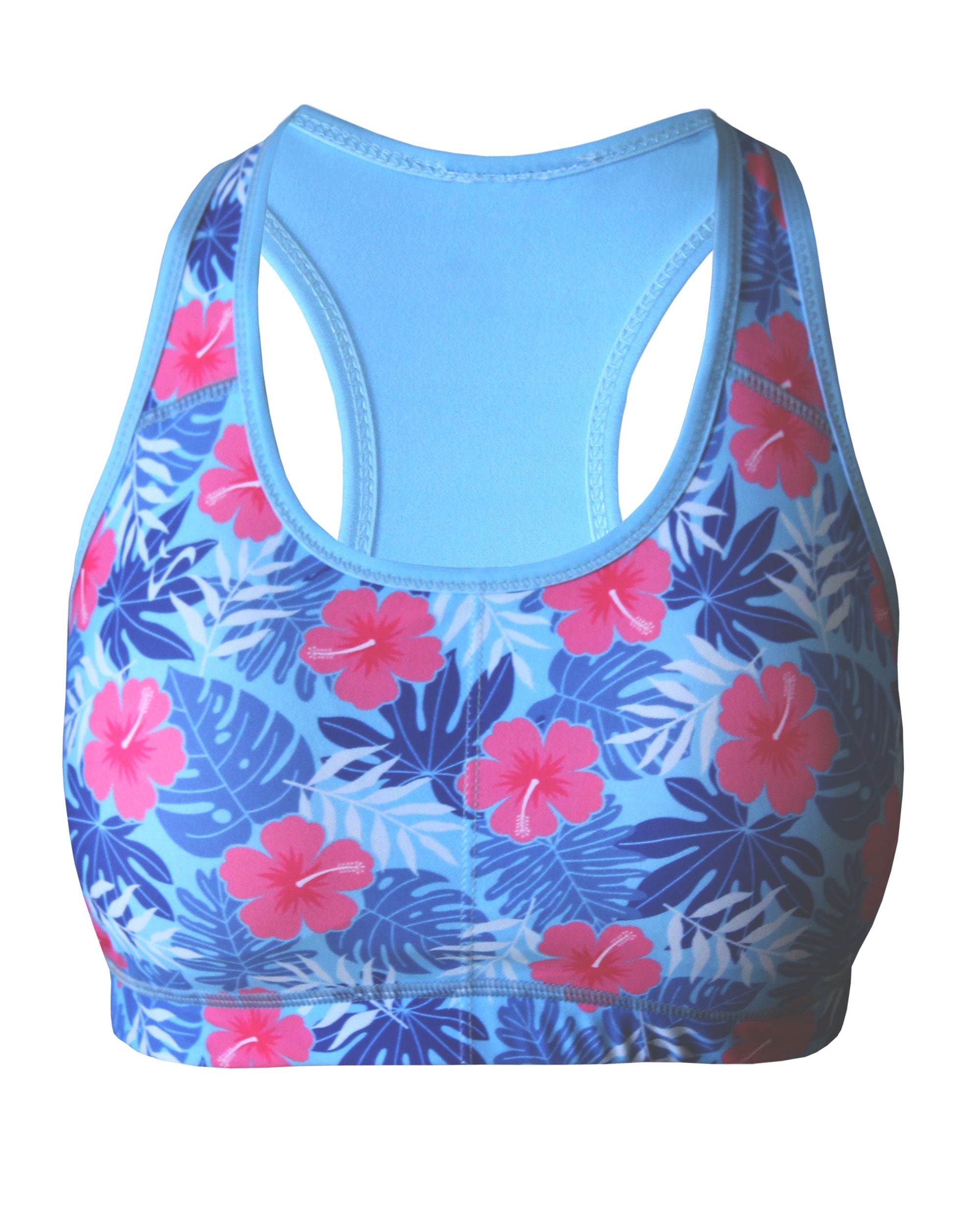 Women's funky sportsbra with floral pattern and no-chafeand quick dry for running marathons. Made in Cape Town.