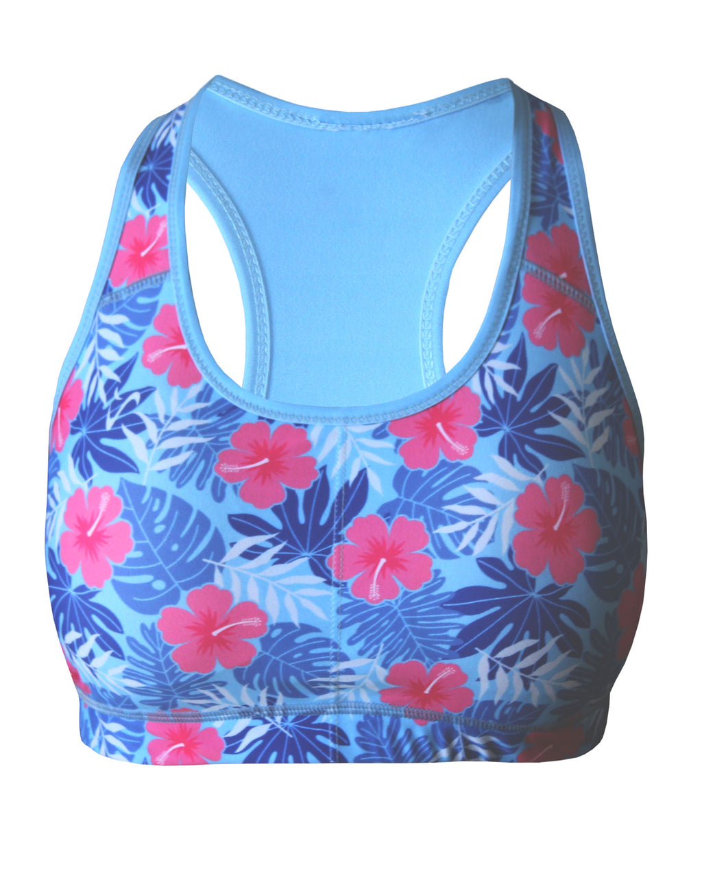 Women's funky sportsbra with floral pattern and no-chafeand quick dry for running marathons. Made in Cape Town.