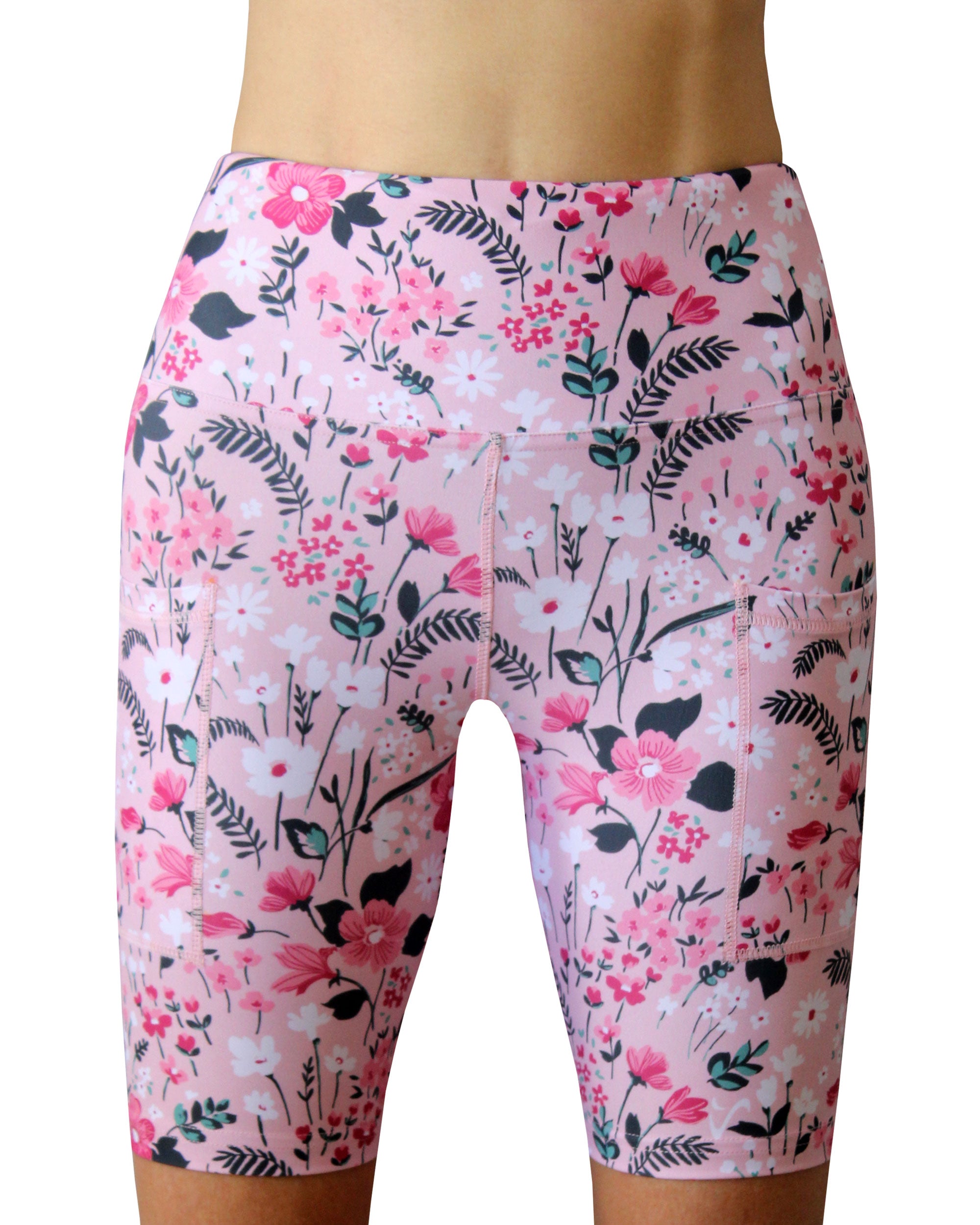 Women's funky pink flower running and workout shorts. Activewear made in Cape Town.
