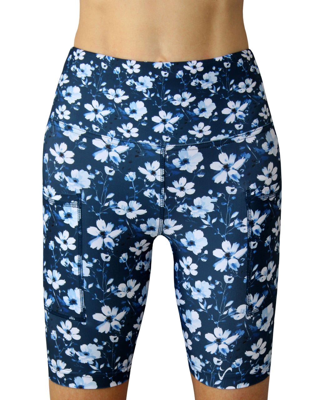 Women's navy blue funky floral shorts for running marathons, playing padel, doing hyrox and gym workouts. Made in Cape Town, South Africa.
