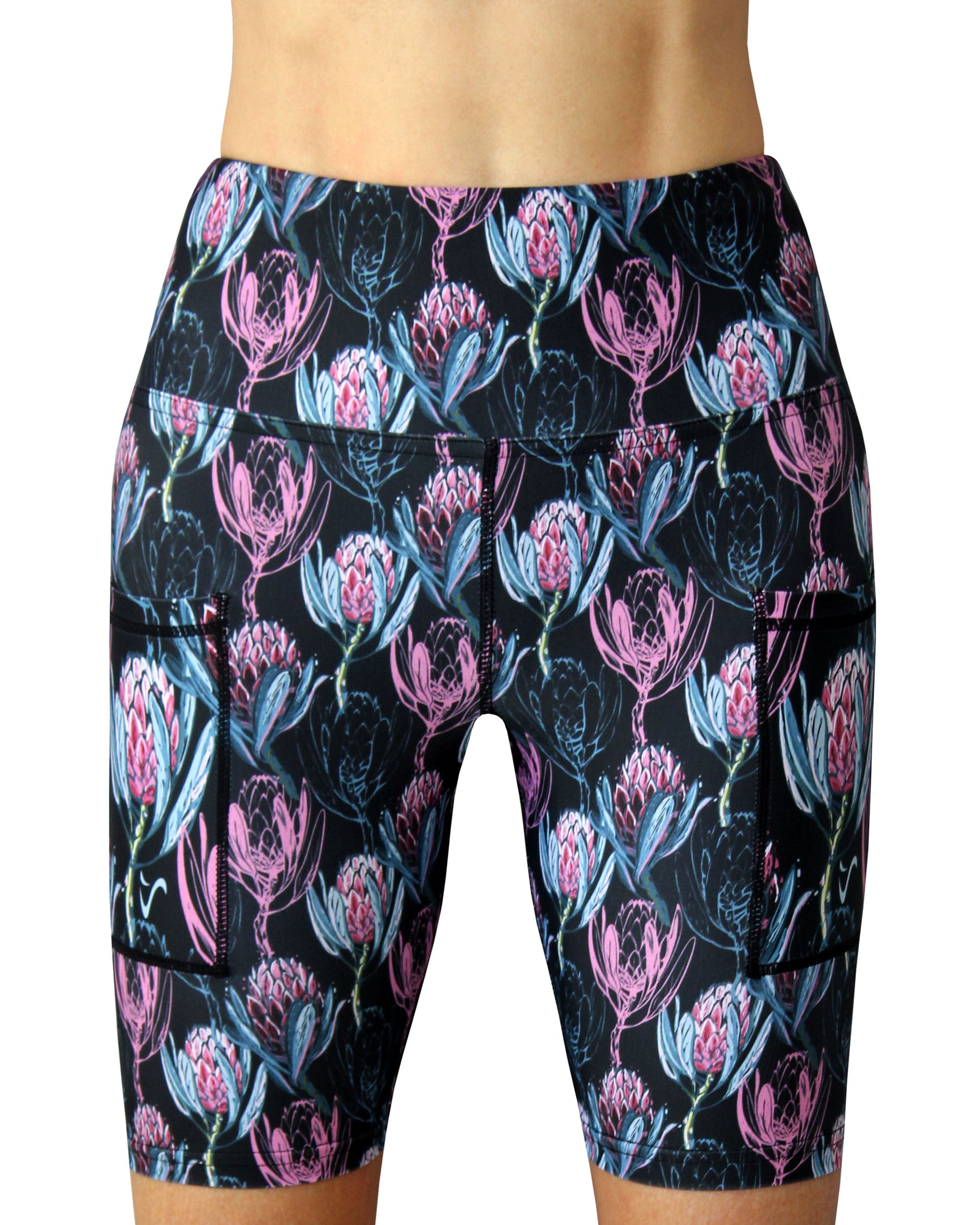 Women's funky protea running shorts, made in Cape Town, South Africa.