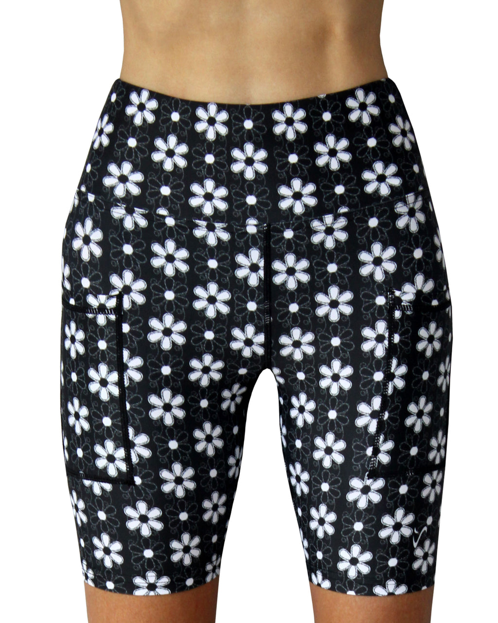 Black and white, funky flower shorts for running and gym. Made in Cape Town, South Africa. Shop online. 