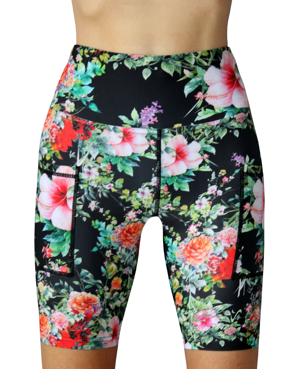 Hibuscus flower funky shorts for running and working out at the gym. Made By Vivolicious in Cape Town, South Africa. It features two cellphone pockets, and a high waistband.